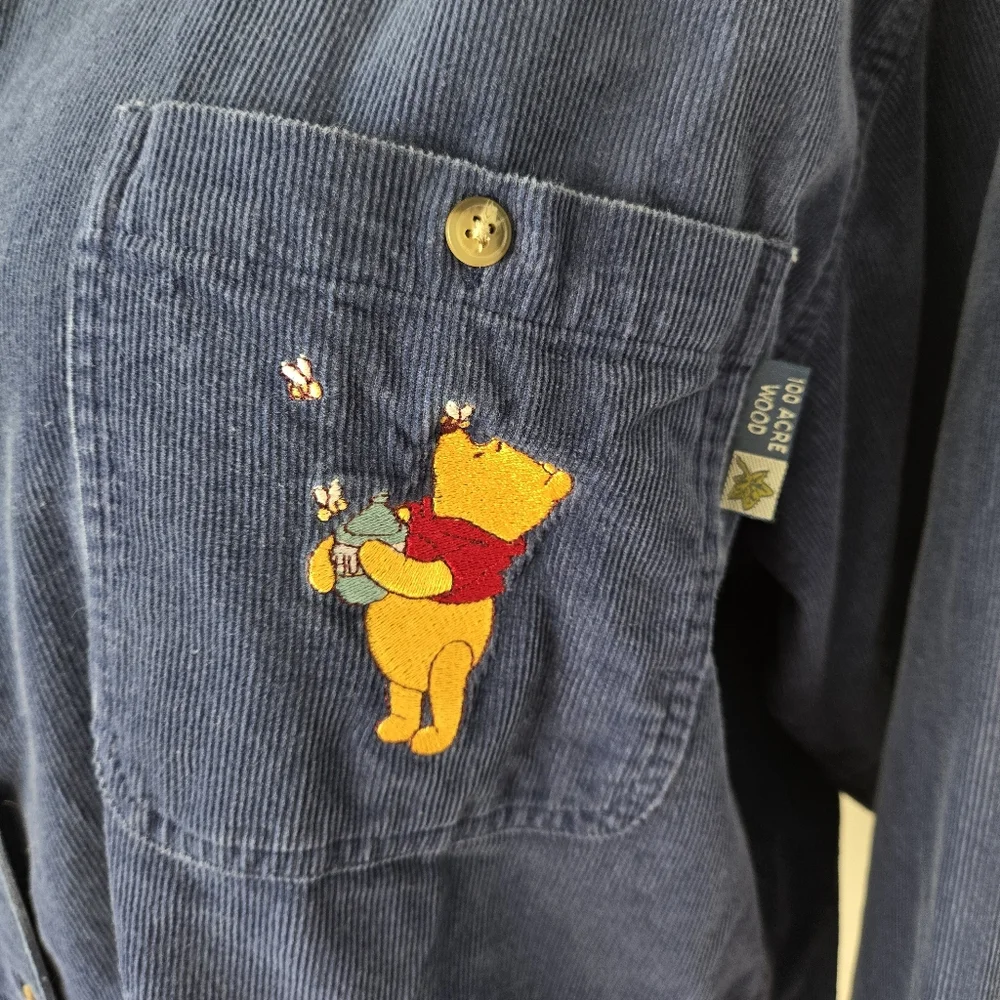 Vtg Disney Pooh Navy Embroidered Corduroy Button-up Shirt XL Cottagecore Retro - Picture 7 of 13